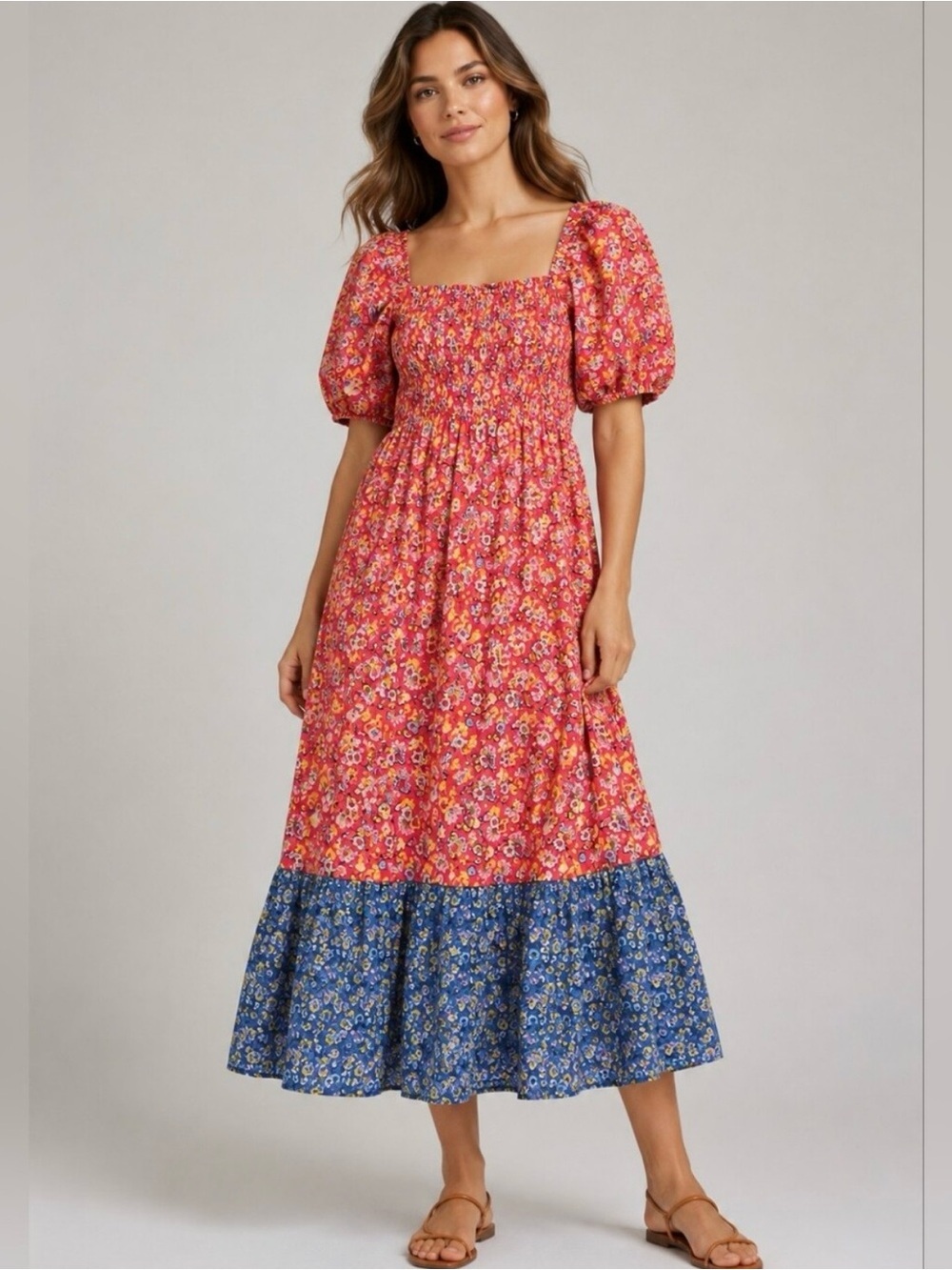 House of Harlow 1960 Smocked Puff Sleeve Floral Midi Dress